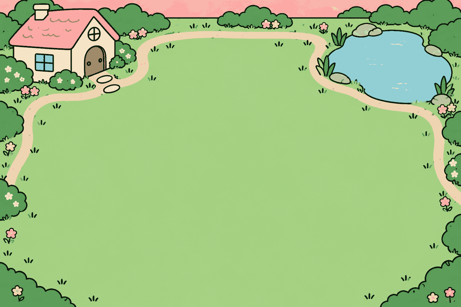 Selbst gemalter Garten mit kleinem Haus, Teich, Wiese und Blumen